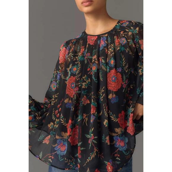 MAEVE by Anthropologie Long-Sleeve Pleated Floral Peasant Blouse in Black-Small - Picture 4 of 13